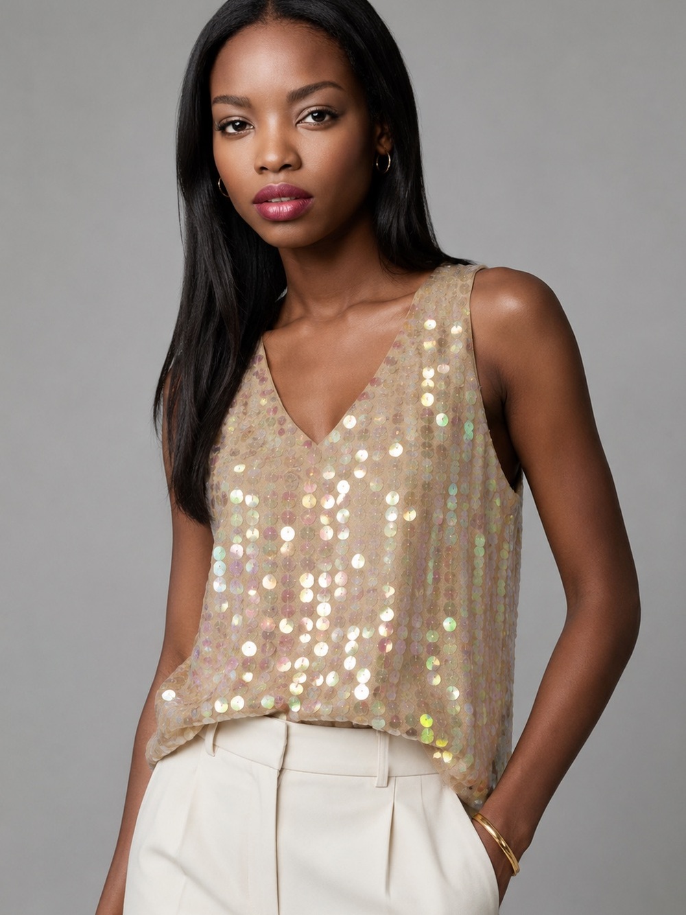 Moulinette Soeurs Iridescent Sequin Beige Tank Top